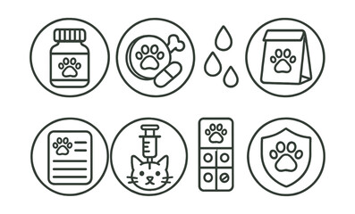 Fototapeta premium Line style icons of veterinary care (circular): pet medicine bottle, chewable pill with paw, liquid drops ring, prescription bag for pets, pet dosage guide, cat medicine syringe, pet pill tracker,