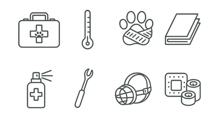 Line style icons of pet accessories: pet first aid kit, thermometer, paw bandage, emergency blanket, antiseptic spray, tick remover, soft muzzle, wound dressing set.