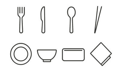 Fototapeta premium Line style icons of food utensils: fork, knife, spoon, chopsticks, plate, bowl, tray, napkin.