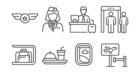 Line style icons of aviation services: pilot badge, cabin crew icon, check-in counter, security checkpoint, overhead luggage, airline meal tray, window seat view, boarding gate.