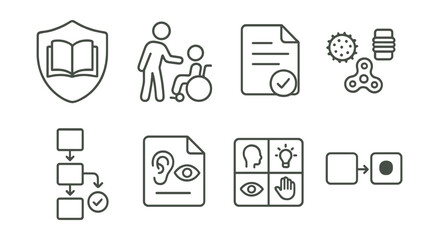 Line style icons of special education: inclusive learning badge, support assistant icon, IEP document, sensory tools, visual schedule, alternative format icon, learning style grid, gentle transition
