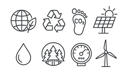 Line style icons of environmental science: globe with leaf, recycling symbol, carbon footprint, solar panel, clean water drop, forest conservation icon, air quality meter, wind turbine.