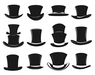 A collection of twelve black top hats in various angles and styles
