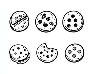 Six types of cookies illustrated in monochrome