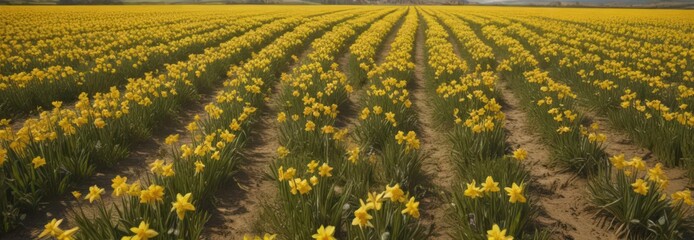 Golden daffodils carpet a sun-drenched countryside field, a vibrant spring scene ,  day,  plants,  floral background