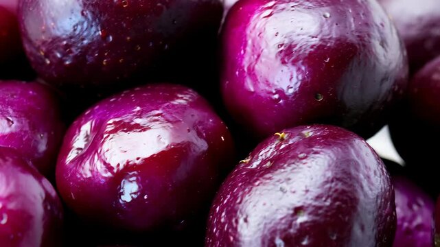 Macro close-up of shiny glistening vibrant magenta colored java plums with water droplets against dark background still shot