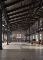 Industrial loft interior  High ceilings, exposed ductwork, metal beams , factory, exposed ductwork, open space