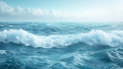 Fototapeta premium Vast ocean waves crash and foam beneath a clear blue sky with distant clouds on the horizon