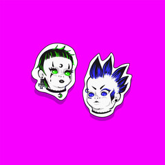 dolls' heads styled in punk and goth, mohawk hairstyle, goth baddie, sticker 