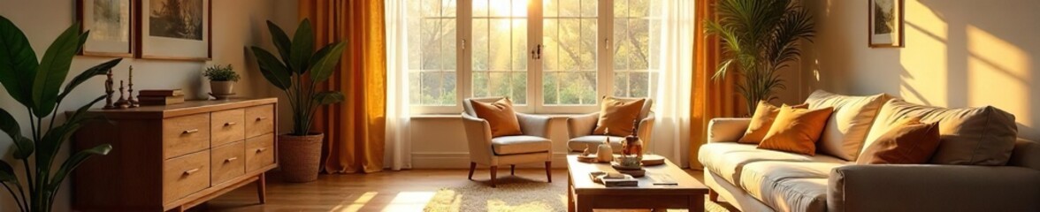 Fototapeta premium Warm, inviting home interior, sunlight streaming through window, cozy furniture and decor, perfect for a welcoming atmosphere , space, plants, room