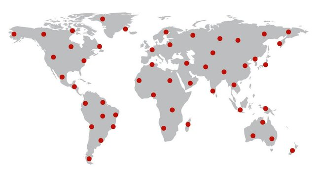 world map with red dots popping out on a white background