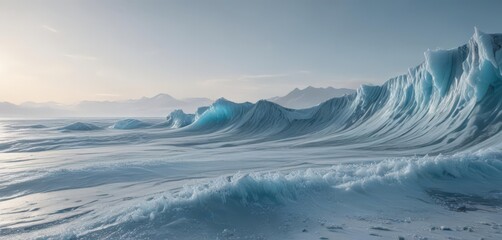 Glacier blue backdrop, frozen sea waves, ethereal frost  Icy textures, winter scene ,  ocean,  winter,  background