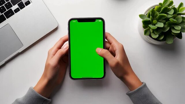 Overhead shot of a person holding an iPhone with a green screen background on a table