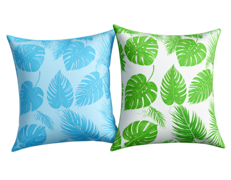 Tropical leaf-patterned cushions, light blue & green