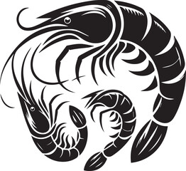 Three stylized shrimps forming a circular design seafood ocean crustacean