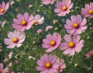 Cosmos flowers swaying gently in a summer breeze, showcasing their intricate details ,  detail,  texture,  flower