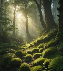 Sunbeams pierce dense foliage, creating ethereal glow on mossy undergrowth ,  ethereal,  autumn,  detail