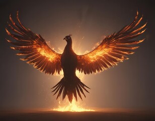 Burning phoenix silhouette, wings outstretched in fiery glory,  fiery,  silhouette