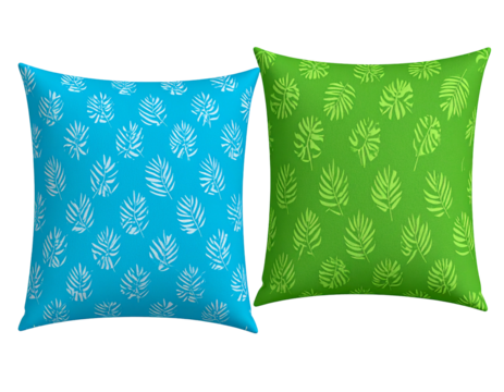 Pair of decorative throw pillows featuring a tropical leaf pattern, one teal, one green