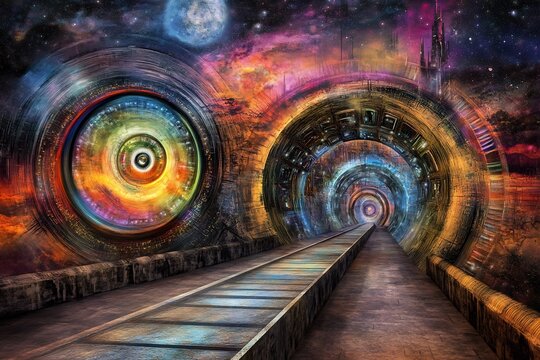 Artistic interpretation of the multiverse featuring dimensional rifts wormholes and science fiction inspired architecture featuring alternate timelines