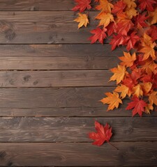 Vibrant red and orange maple leaves scattered on rustic wood ,  nature,  photography,  design element