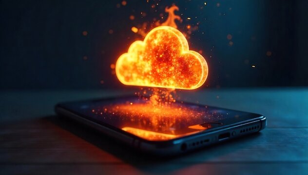Close-up shot of a smartphone uploading a fiery image to the cloud, depicting digital data transfer with a dramatic, burning effect , upload, cloud computing