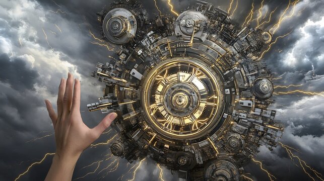 Ancient clock tower ticking across multiverse timelines hands pointing to alternate destinies featuring surreal time art