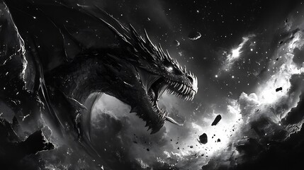 Ancient cosmic dragon sleeping the center of multiverse creation surrounded by elemental storms and stars