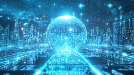 Fototapeta premium Futuristic Cityscape Glowing Megacity and Holographic Sphere
