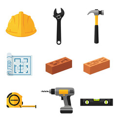 Construction tools and blueprint design elements for building projects showing a hard hat hammer wrench bricks tape measure and drill level