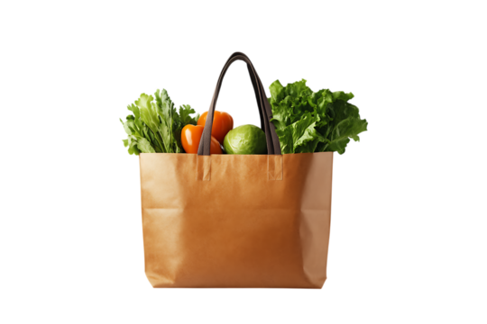 Fresh produce in a brown paper bag grocery shopping healthy eating organic vegetables diet on transparent background