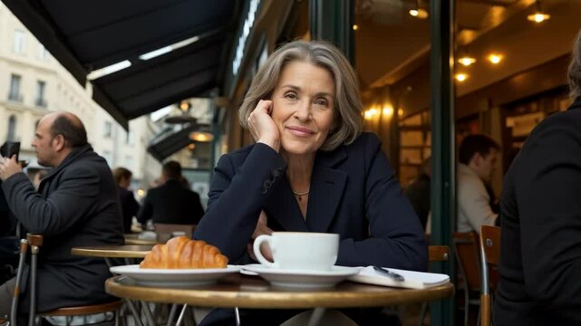 Elegant mature Caucasian businesswoman enjoys coffee and a croissant at an outdoor cafe in Paris, exuding sophistication and a relaxed morning.