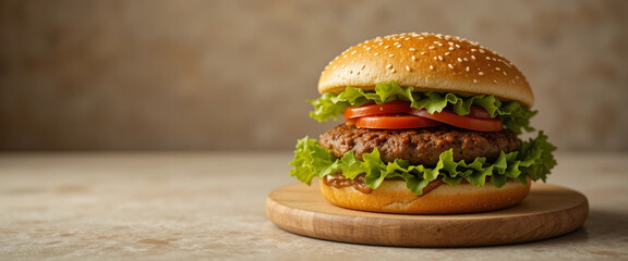Juicy Beef Burger with Sesame Seed Bun, Lettuce, and Tomato