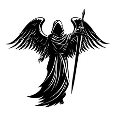 Fototapeta premium Winged hooded angel with sword in dark dramatic silhouette