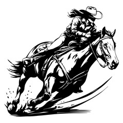 Cowgirl riding barrel racing, black and white vector design 
