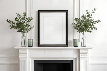 Elegant fireplace mantel decor with black frame and greenery