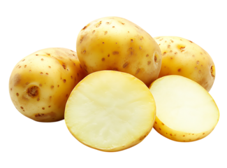 Fresh yukon gold potatoes close up photography for healthy eating and cooking ideas recipe on transparent background