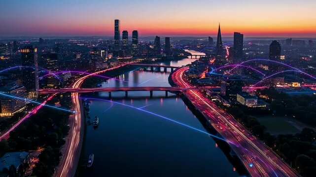 Futuristic cityscape at sunrise with digital light trails representing high-speed data or smart city communication systems. Aerial view over a river and bridges, with modern skyscrapers in the backgro