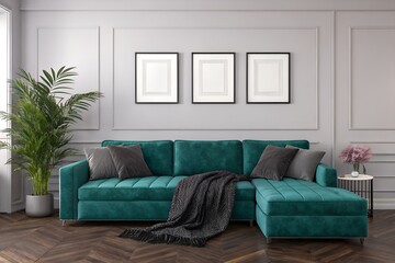 Teal velvet sectional sofa in modern living room with greenery