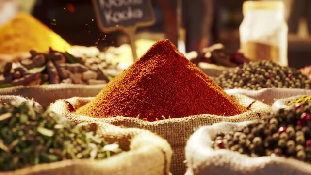 Vibrant spices fill the market stalls in a bustling bazaar inviting culinary adventures