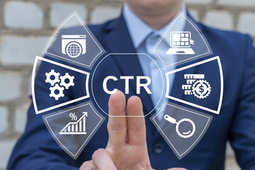 Business person using virtual touch screen push abbreviation: CTR. CTR Click Through Rate Analysis. Media planning for effective ads strategy neubrutalism concept.
