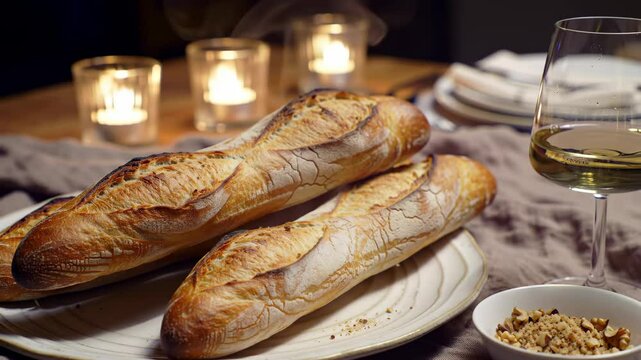Freshly baked baguettes and elegant wine create a cozy dining atmosphere