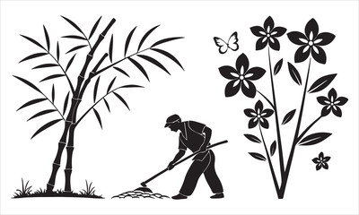Fototapeta premium Gardener tending bamboo and flowers black and white silhouette