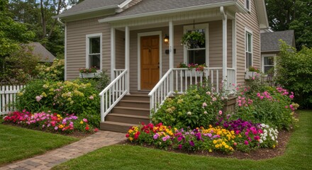 Charming house entrance with vibrant flowers and greenery, inviting pathway leading to a welcoming front door