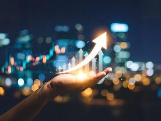 Photorealistic close-up of a businessman's hand releasing a glowing digital arrow soaring upward, with a futuristic city skyline and translucent financial graphs in the background.