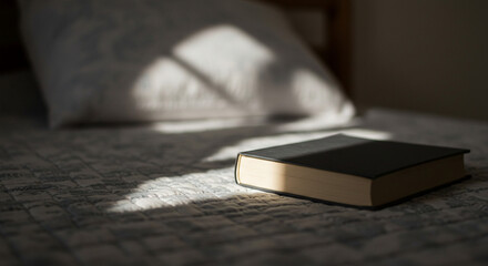 Book lying on quilted blanket in soft afternoon light  