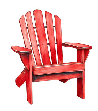 recommend clip art: Red wooden outdoor lounge chair with armrests watercolour illustration. One single object, front view. Handdrawn water color sketchy painting on white, cutout clip art element for design decoration.