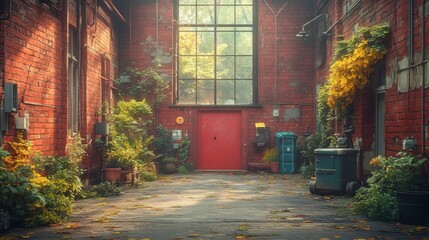 Serene Autumnal Courtyard: A Red Brick Haven