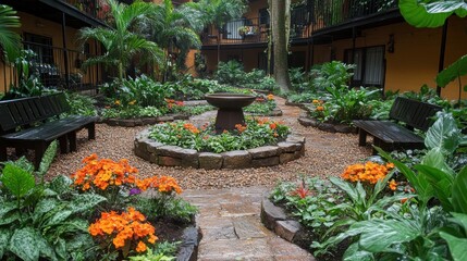 Obraz premium Serene Courtyard Oasis: A Tropical Garden Retreat