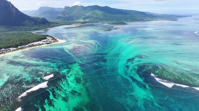 Underwater Waterfall At Le Morne Beach Mauritius Island Mauritius. Stunning Tropical Coastline Beach Scene Viewed From Above. Shore Clouds Sky Beach Sea. Shore Seaside Panoramic.
